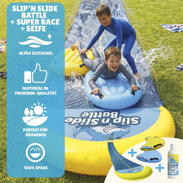 Slipn'Slide® 10 Meter XXL Pack | 1 Doppelspur Wasserrutschmatte 10 Meter + 2 Bodyboards + 1 Extra-Ru
