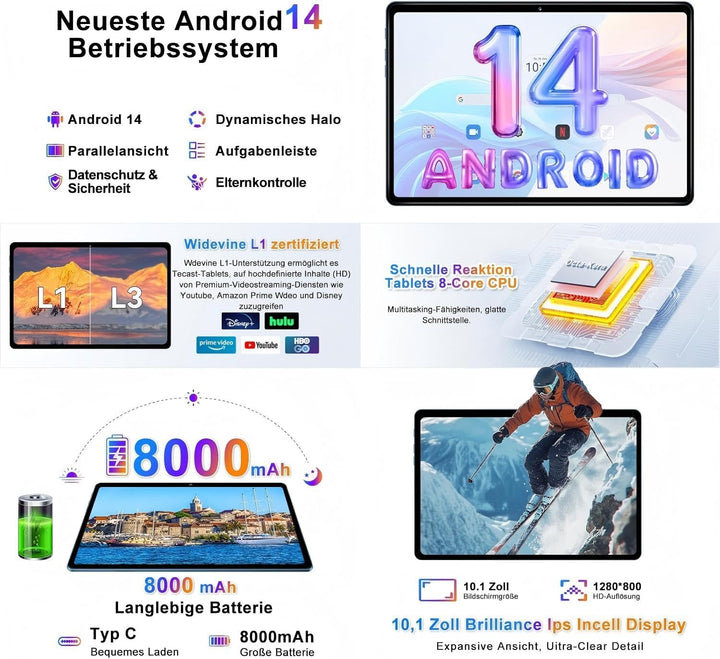 Android 14 Tablet 10 Zoll 22GB RAM+128GB ROM Octa-Core Tablet 5G WiFi, Mit Tastatur Maus, 8000mAh, (