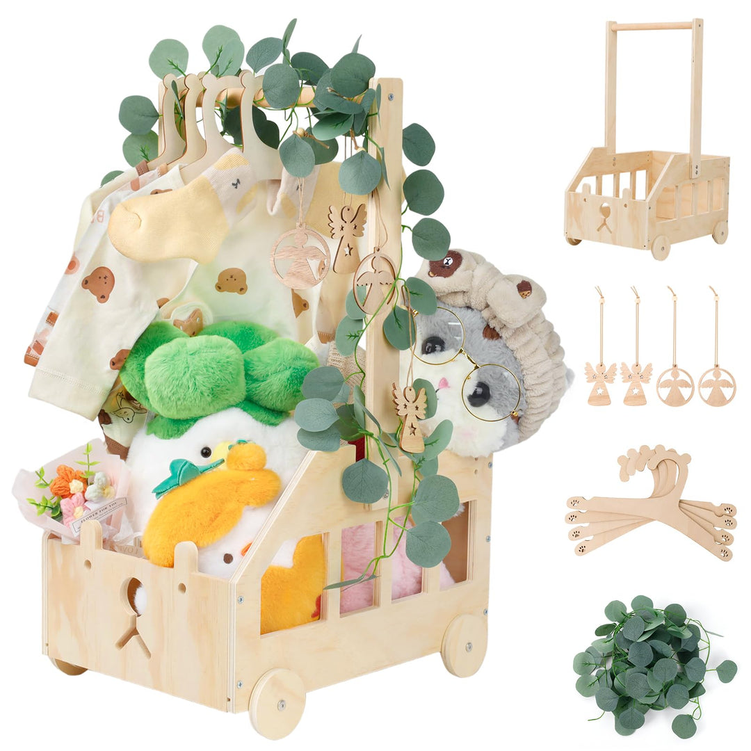 Babyparty Geschenk mit Griff Wickelkorb mit Holzrädern Kinder Holz Holzkiste Babygeschenk Geschenkko