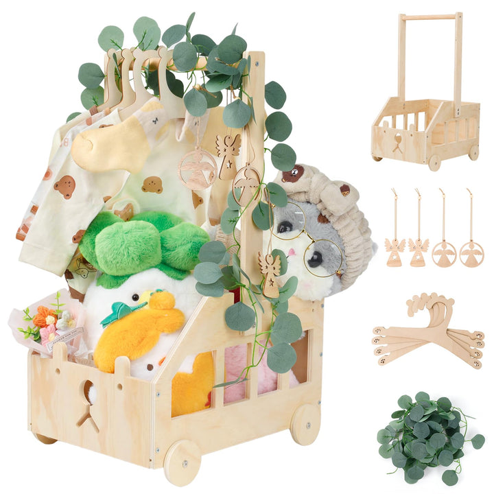 Babyparty Geschenk mit Griff Wickelkorb mit Holzrädern Kinder Holz Holzkiste Babygeschenk Geschenkko