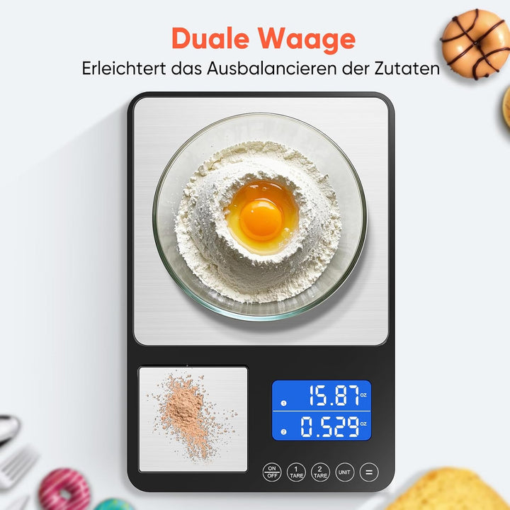 KüChenwaage Digital,Digitale KüChen mit 2 Plattformen 15kg/1g & 500g/0.01g Feinwaage mit 7/6 Einheit