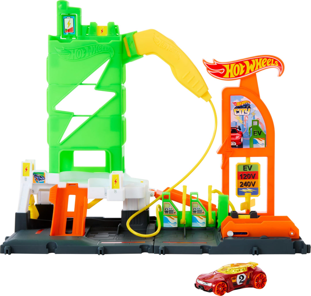Hot Wheels Let's Race Netflix - City Superladung Tankstelle-Spielset mit Ladestationen für Elektrofa
