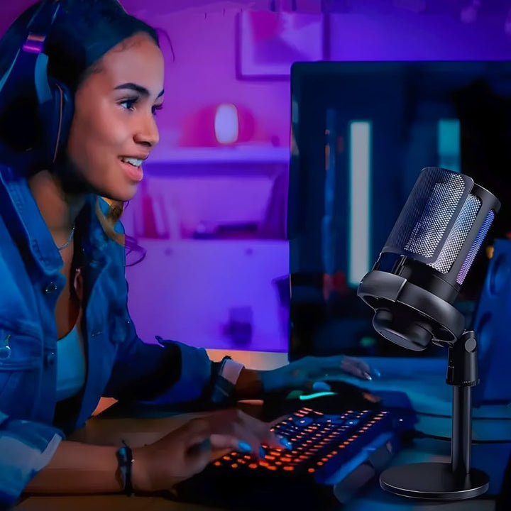 Retoo Gaming Mikrofon RGB, USB Mikrofon mit EIN-klick-Stummschaltfunktion, Rauschunterdrückung, Laut