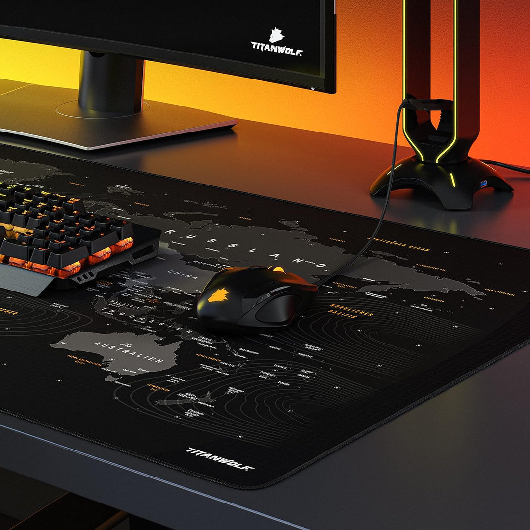 Titanwolf - Übergrösse DEUTSCHES Layout Mauspad 1200x600mm Weltkarte - XXXL Mousepad gross mit Motiv