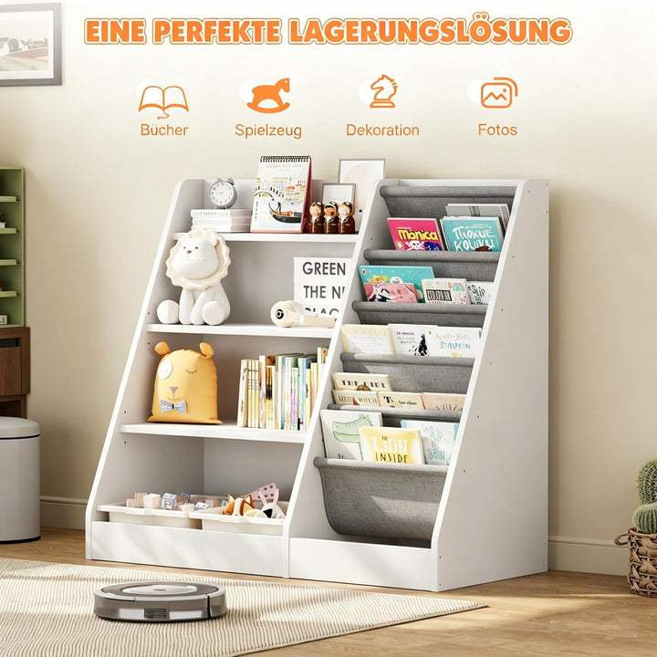 Kinderregal Bücherregal für Kinder 90x40x80cm, mit 5 Ablage und 4 offenen Fächern, Holz, Spielzeugre