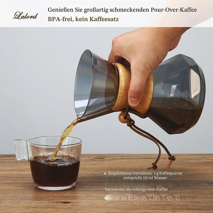 Lalord Pour Over Kaffeebereiter mit Edelstahlfilter, 600 ml Borosilikatglas Kaffeekaraffe, Holzkrage
