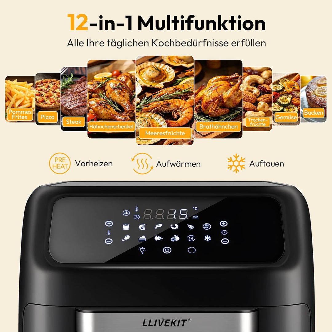 LLIVEKIT Heissluftfritteuse Heissluft-Backofen 12L, Mini-Backofen 1800W mit 6 Zubehör & Rezeptbuch,