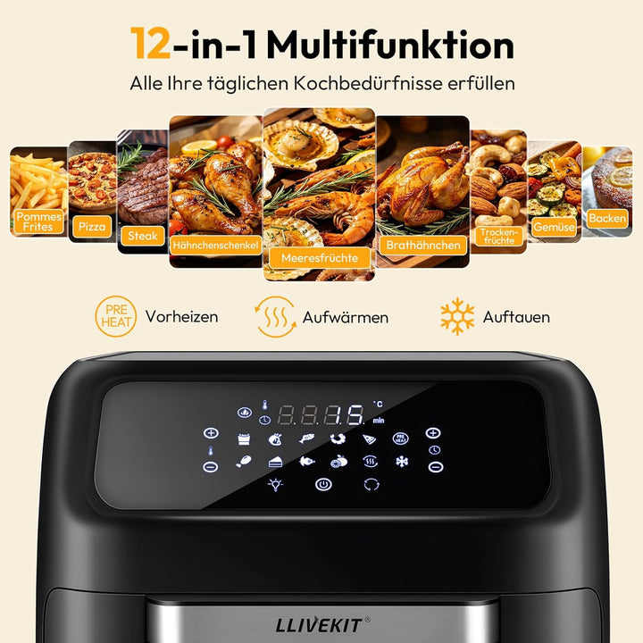 LLIVEKIT Heissluftfritteuse Heissluft-Backofen 12L, Mini-Backofen 1800W mit 6 Zubehör & Rezeptbuch,