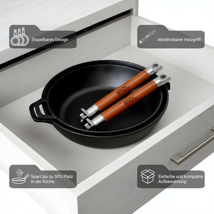 BIOL Gusseisenpfanne 22 cm mit Glasdeckel – tiefe Bratpfanne | Abnehmbarer Holzgriff, Ohne Beschicht