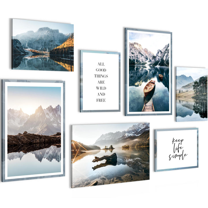 Novart Wandbilder Berge und See - KOMPLETT AUFHÄNGFERTIG - Natur Wohnzimmer Schlafzimmer Flur - 7 Mo