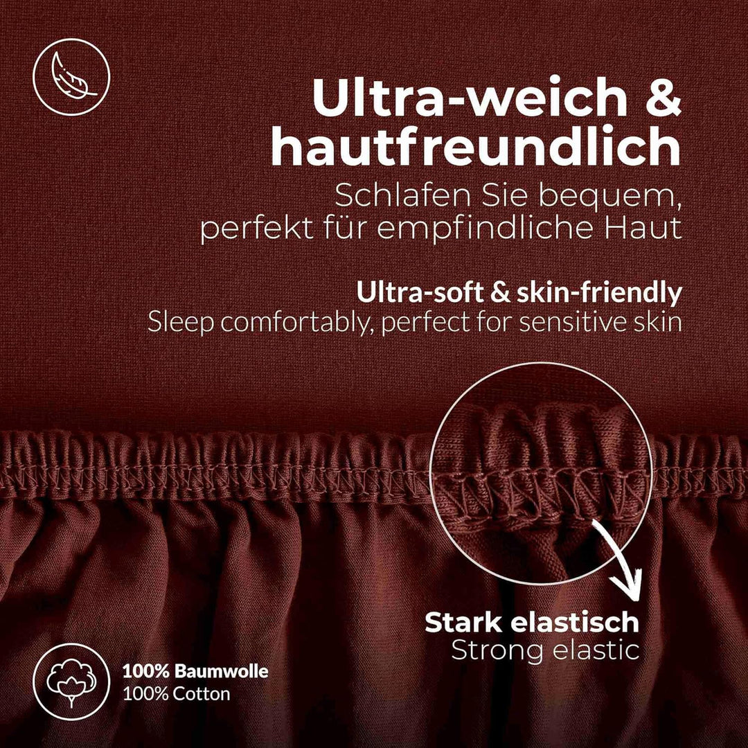 etérea Jersey Spannbettlaken 180x200cm - 200x200cm Bordeaux bis 25 cm Höhe - 100% Baumwolle Comfort