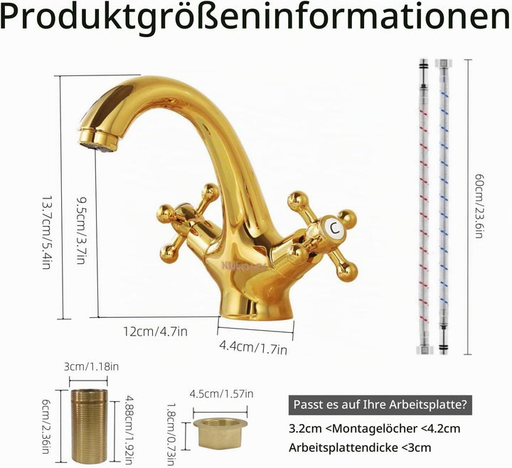Wasserhahn Armatur Bad Zweigriff Gold, Waschtischarmatur Messing mit Kreuzgriff, Mischbatterie Badez