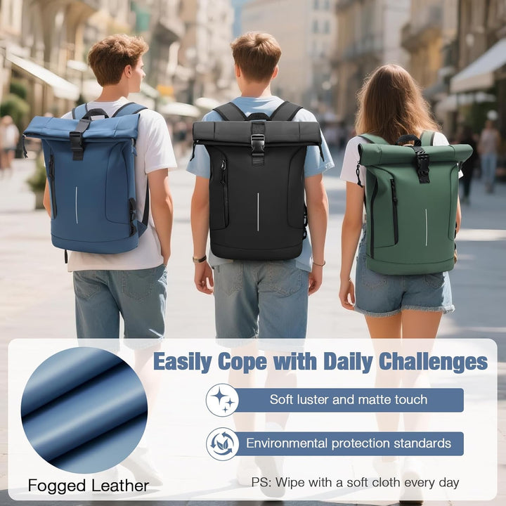 Rolltop Rucksack Herren Damen, Wasserdicht Laptop Schulrucksack mit 17 Zoll Laptopfach, Gross Reiser