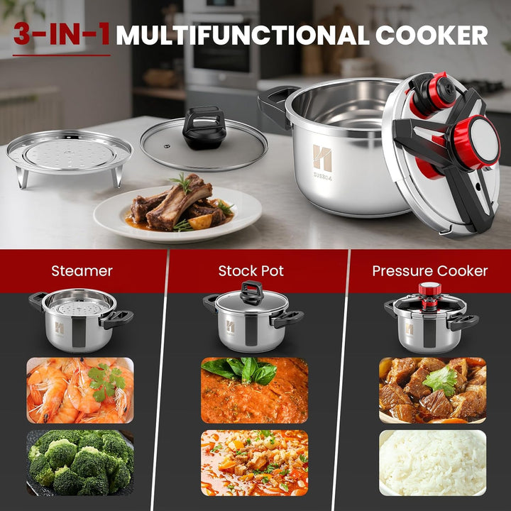 Huanyu 3-in-1-Schnellkochtopf 5 Liter Edelstahl-Schnellkochtopf mit Dampfgarerplatte und Glasdeckel