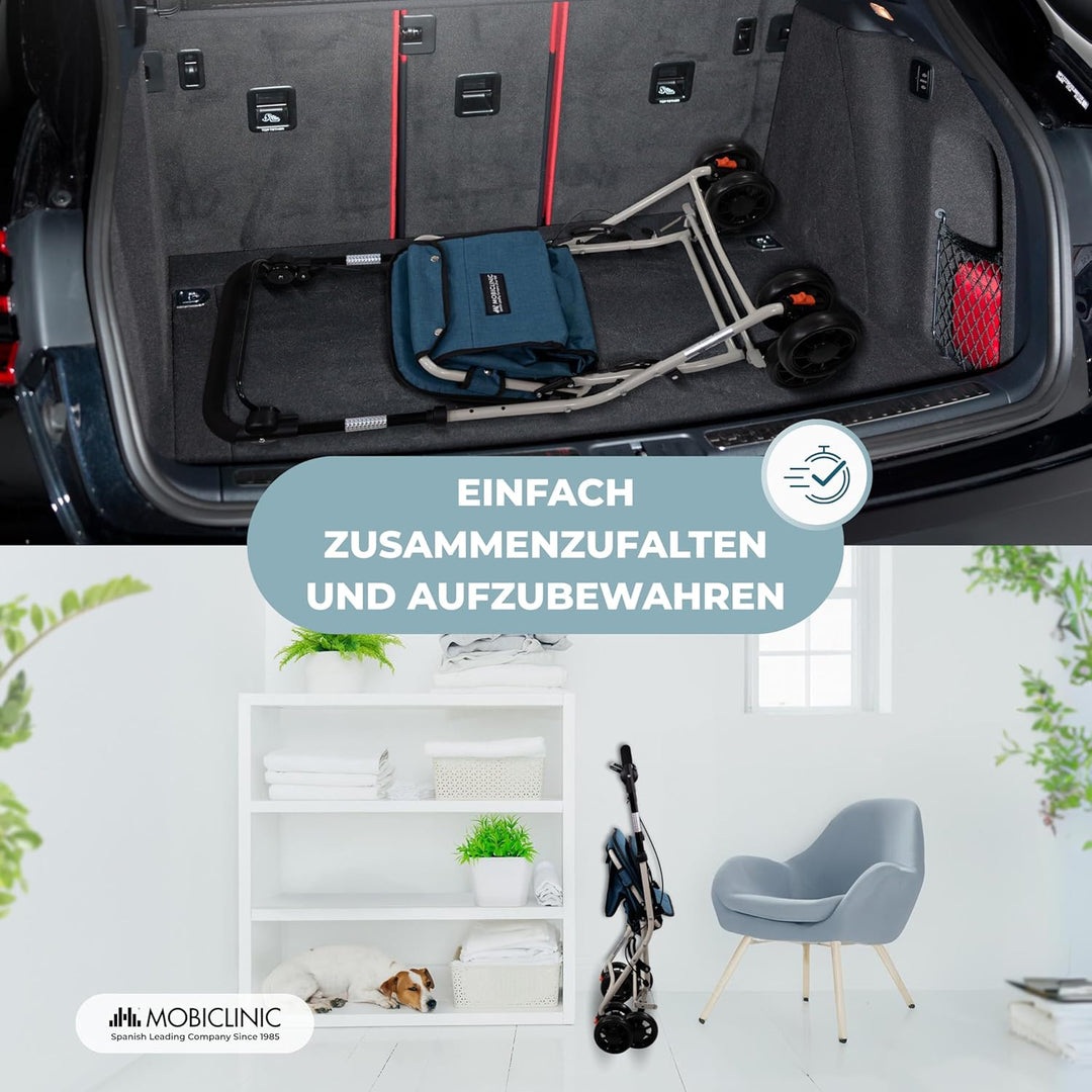 Mobiclinic®, Einkaufswagen mit Sitz, Faltbarer Rollator für Erwachsene, 21 L, Rückenlehne, 4 Räder,