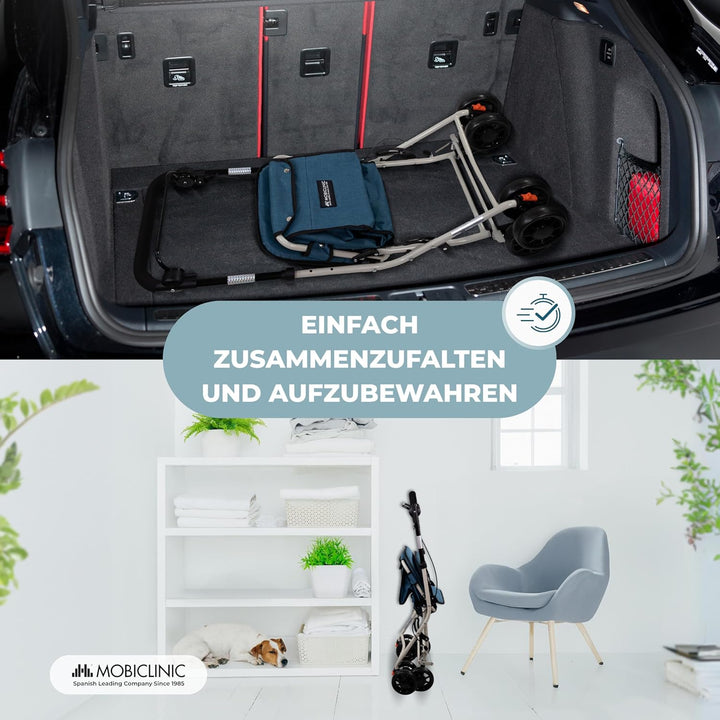 Mobiclinic®, Einkaufswagen mit Sitz, Faltbarer Rollator für Erwachsene, 21 L, Rückenlehne, 4 Räder,