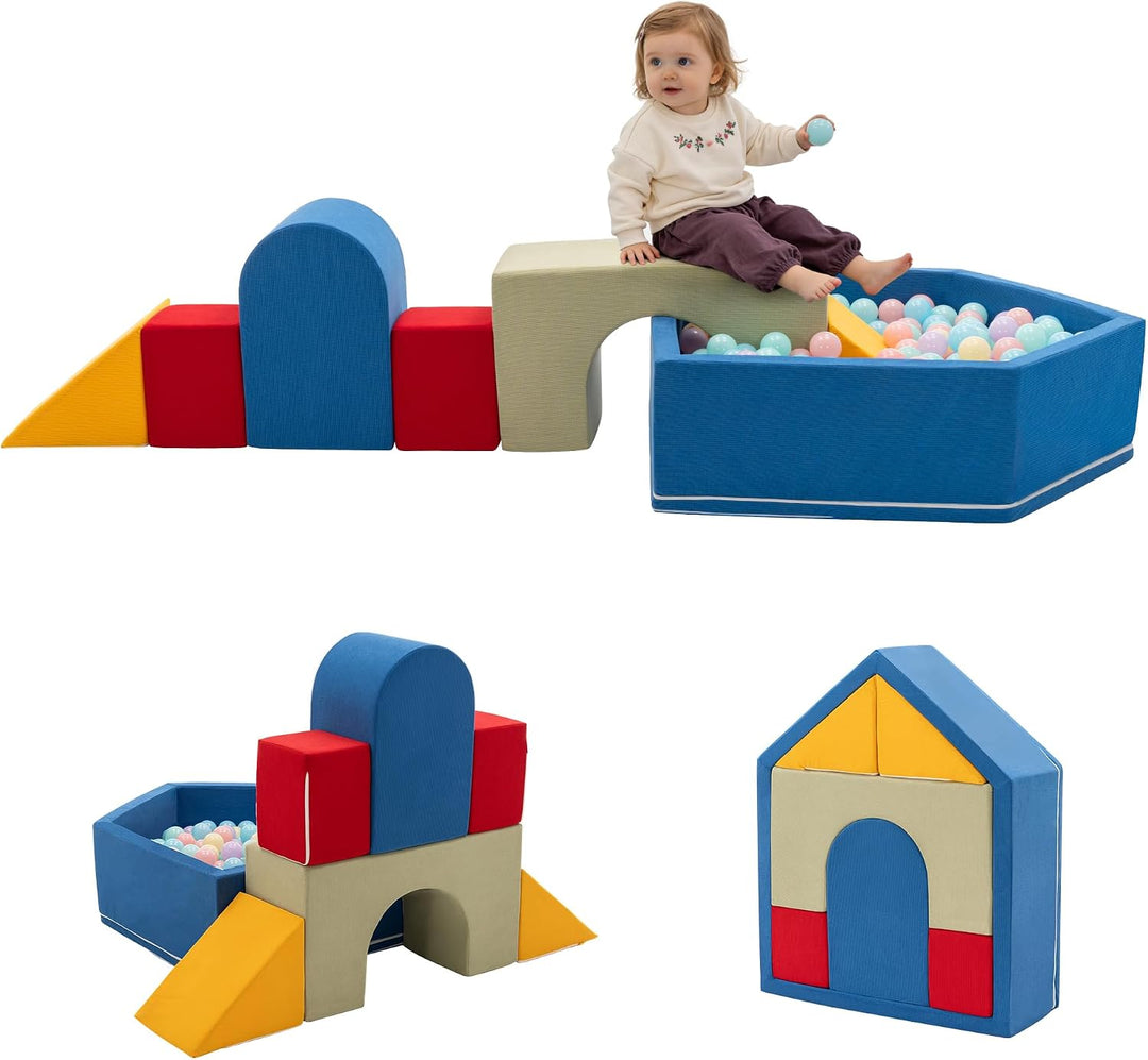 Zedachica 8PCS Softbausteine Baby mit Hausförmigem Bällebad, Schaumstoff Bausteine Kinder für Indoor