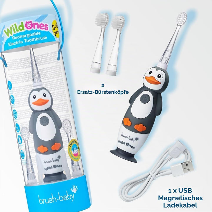 Brush-Baby WildOnes Kinder Elektrische Wiederaufladbare Zahnbürste,1 Griff, 3 Bürstenköpfe, USB-Lade