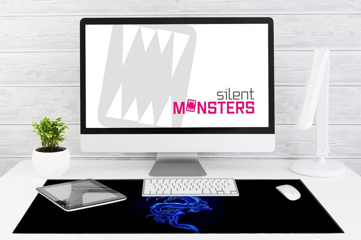 Silent Monsters Mauspad XXL 900 x 400 mm grosses Mousepad Drache blau - Vernähter Rand, rutschfest &