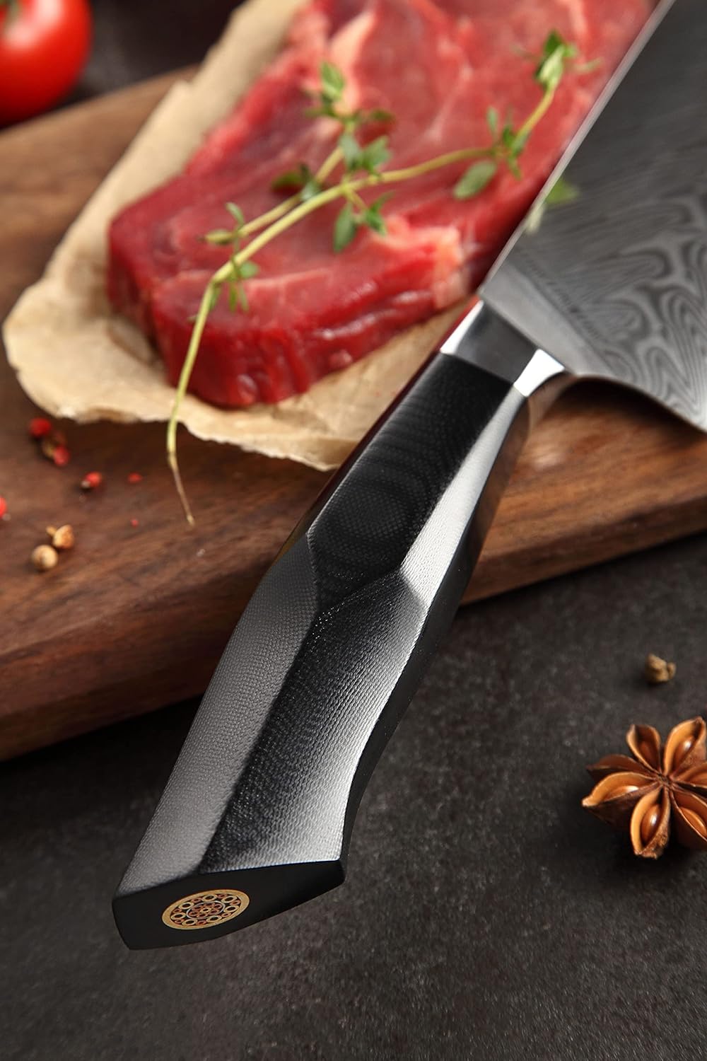 Kensaki Santoku Messer aus Damaszener Stahl Küchenmesser Japanischer Art hergestellt aus 67 Lagen Da