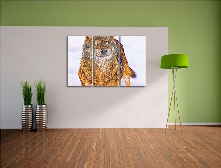 niedlicher Wolf im Schnee Spezial 3-Teiler Leinwandbild 120x80 Bild auf Leinwand, XXL riesige Bilder