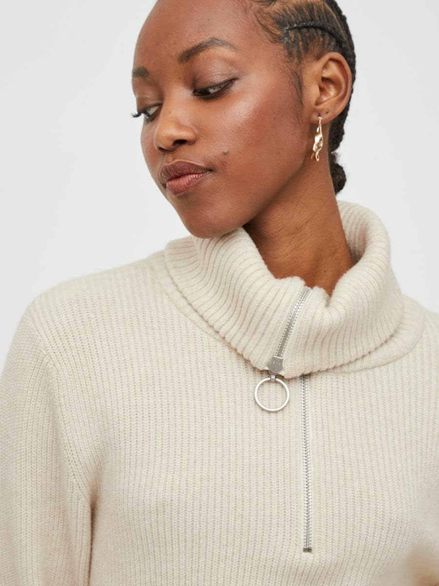 Vila Damen Viril L/S Half Zip Knit Top Pullover S Super Light Natural Melan, S Super Light Natural M