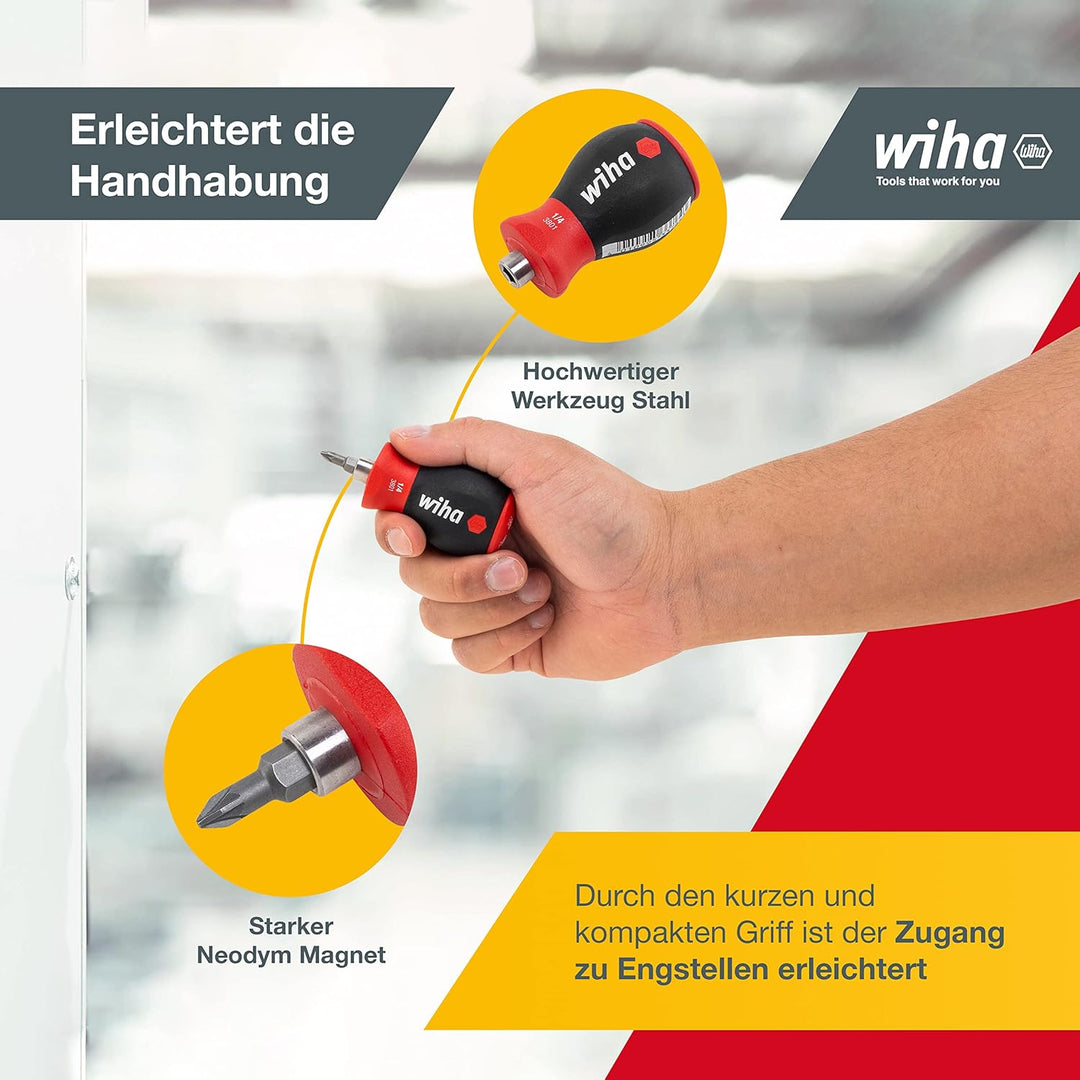 Wiha Schraubendreher Stubby mit Bit Magazin magnetisch (33736) I Schlitz, Kreuz I mit 6 Bits, 1/4" S