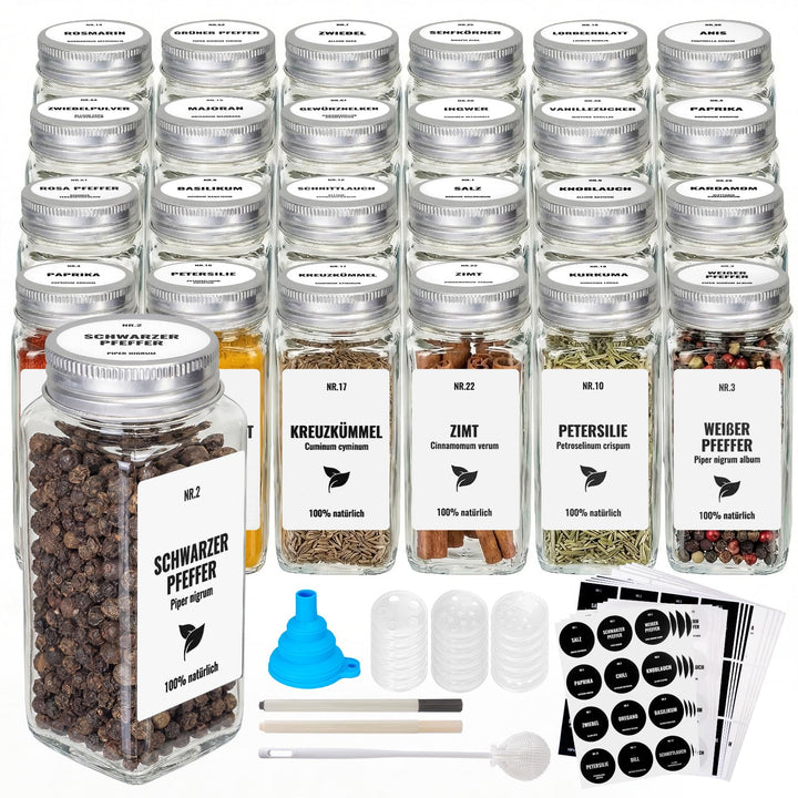 Gewürzgläser Eckig Set, 24er 120ml Gewürzdosen Glas, Gewürzbehälter Gewürzstreuer Mit Weiss Deckel,