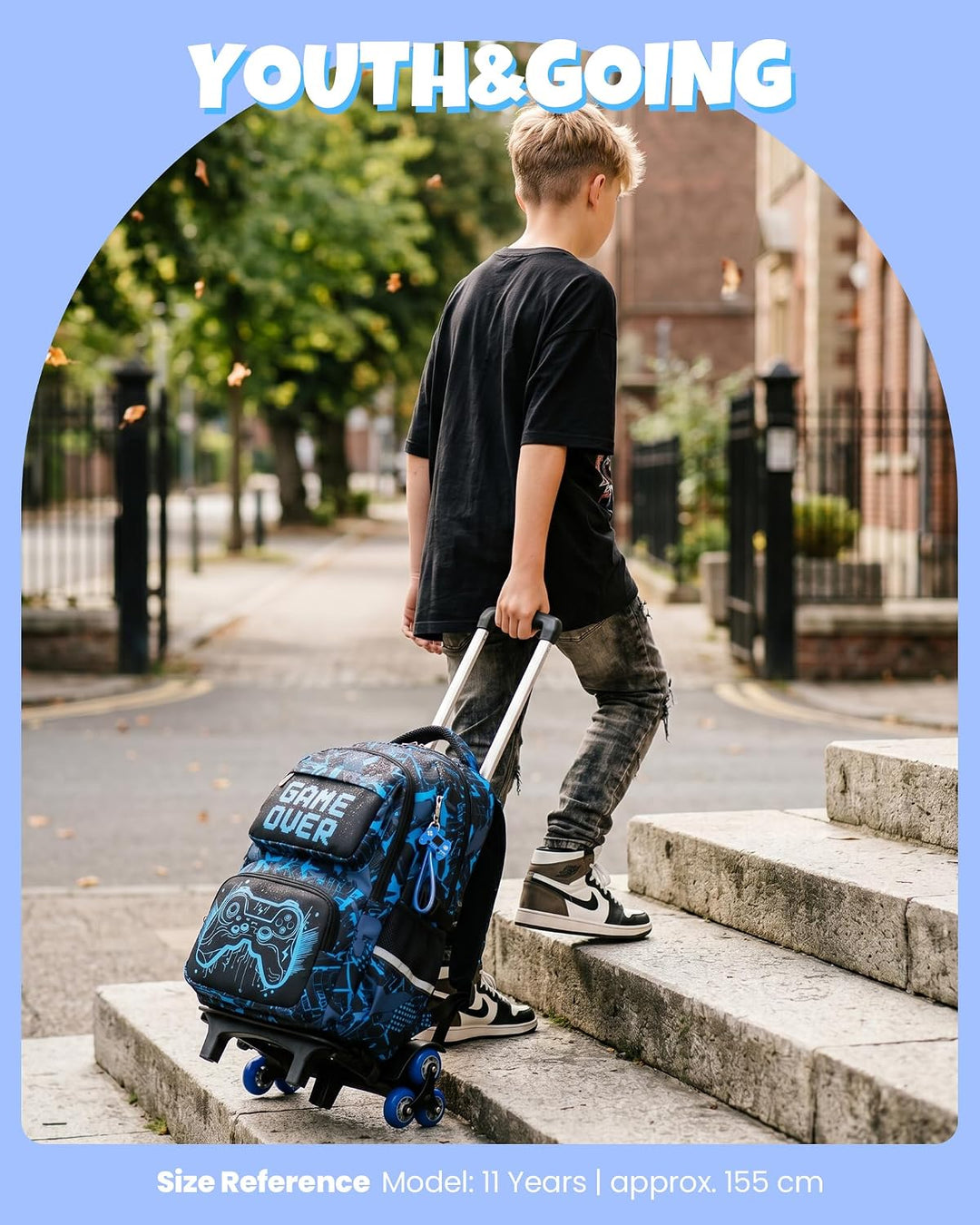 Amythe Schulrucksack mit Rollen für Jungen, Grosser Leuchtstoff Trolley-Rucksack mit 6 Räder, Wasser