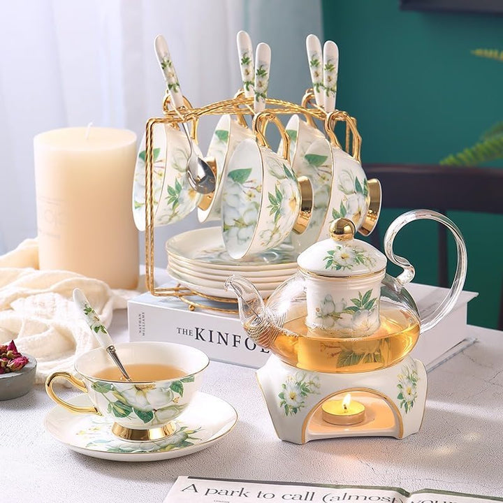 15 Stück Europäischen Blumen Tee Set,Muster Bone China Tee Set Service Kaffee Set, Beheizte Glas Tee