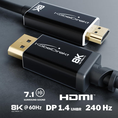 KabelDirekt – 8K/4K DisplayPort 1.4 auf HDMI 2.1 Adapter Kabel mit bruchfesten Metallsteckern – 1,8