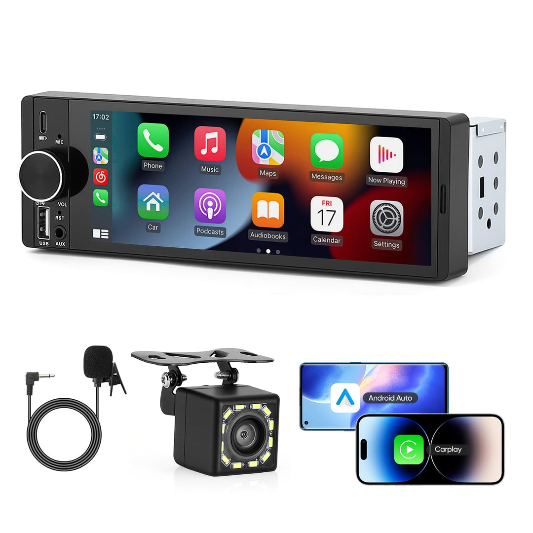 6,3 Zoll 1 DIN Autoradio mit Wireless CarPlay & Android Auto, Rückfahrkamera, Mirror Link, Freisprec