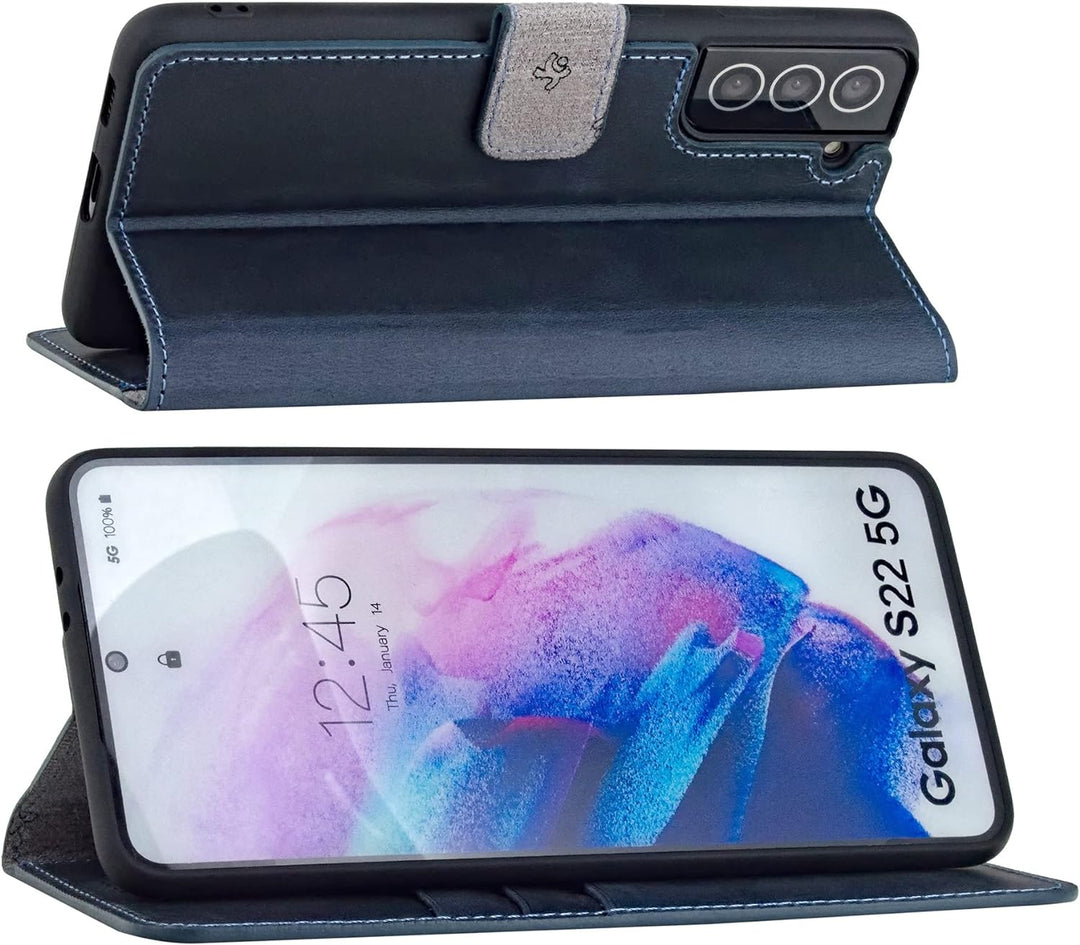 Suncase Book-Style Hülle kompatibel mit Samsung Galaxy S22 5G Leder Tasche (Slim-Fit) Lederhülle Han