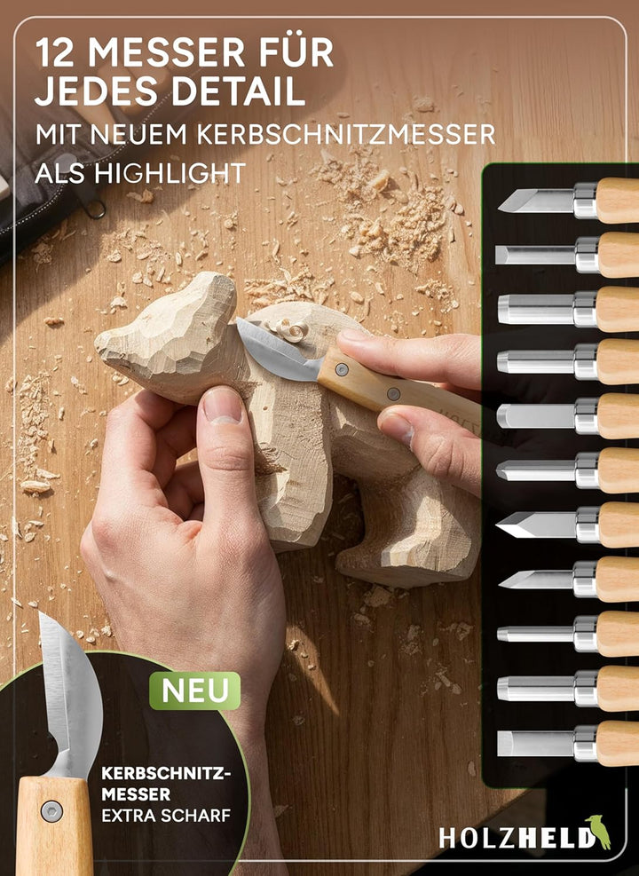 HOLZHELD Schnitzwerkzeug -Set (16-teilig) in hochwertig verarb. Ledertasche. Schnitzset mit hochwert
