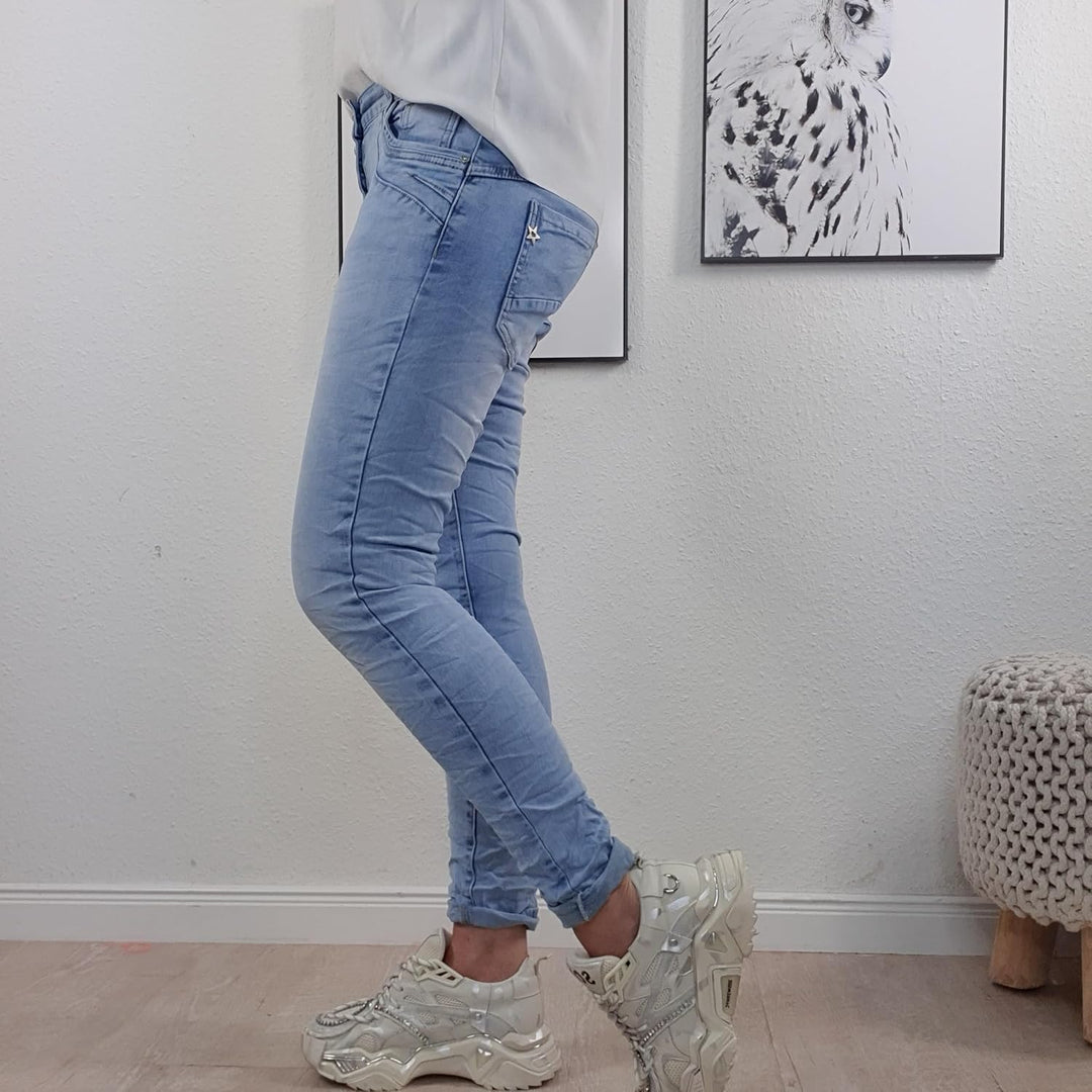 Jewelly Damen Boyfriend Stretch Jeans| Denim Hose für Frauen| 5-Pocket Bagggy Pants XS Light Wash, X