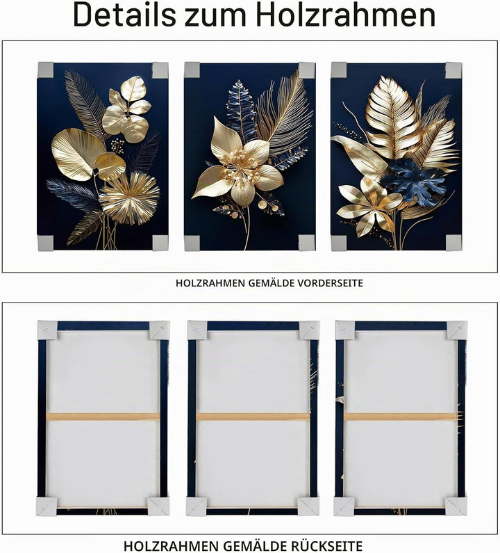 3 Panels 3D Marineblaue Goldblumen Mit Rahmen Leinwand Bilder Monstera Kokosnuss Blätter Bild auf Le