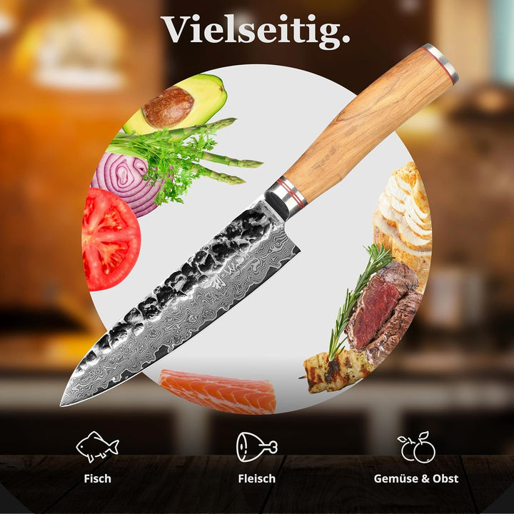 Wakoli Olive Santoku Messer aus echtem Damaststahl (VG10 Kern) 17cm Klinge – Scharfes Damast Küchenm