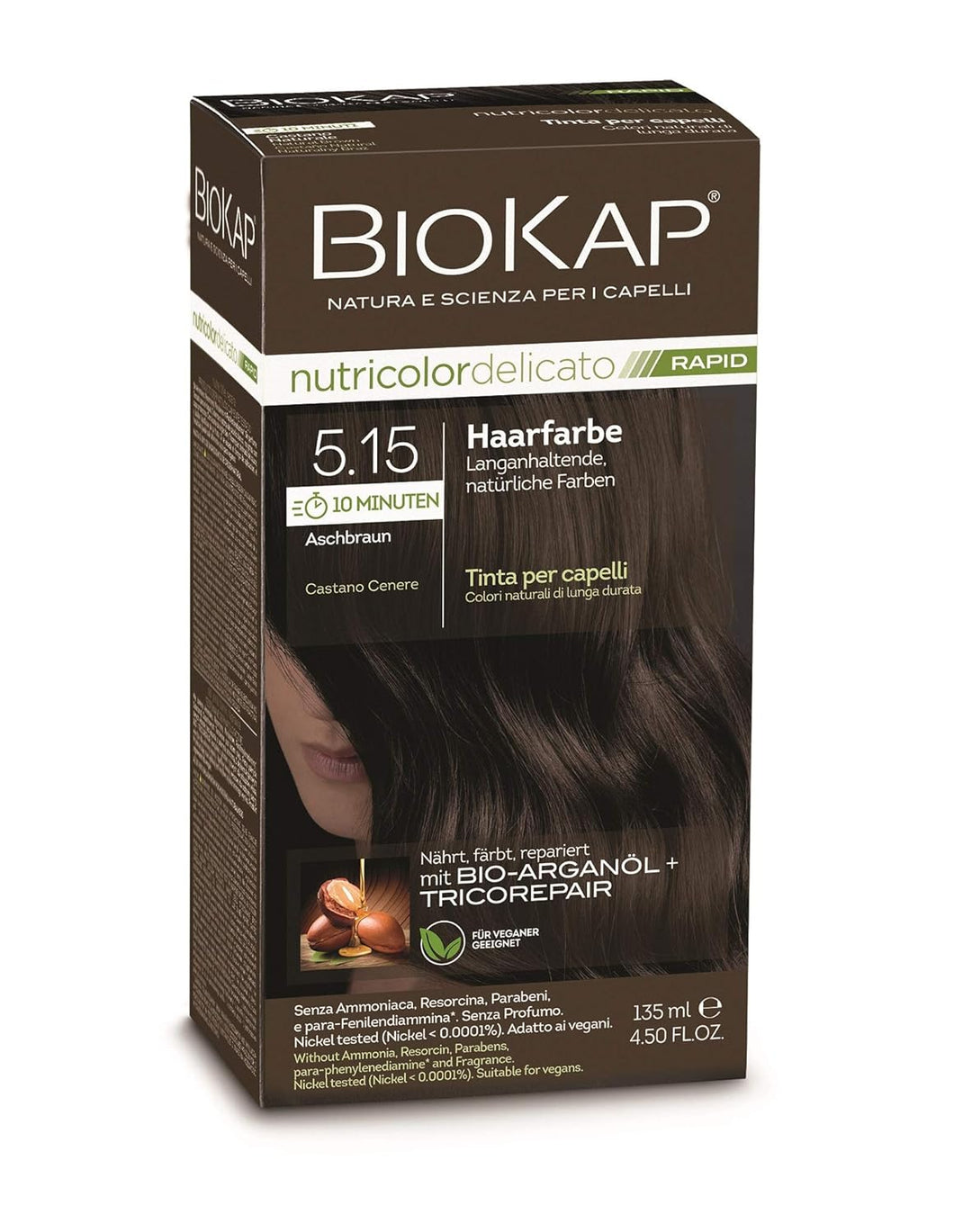 BIOKAP RAPID Permanente Haarfarbe 5.15 Aschbraun | NUR 10 MINUTEN EINWIRKZEIT | Bio Arganöl - TricoR