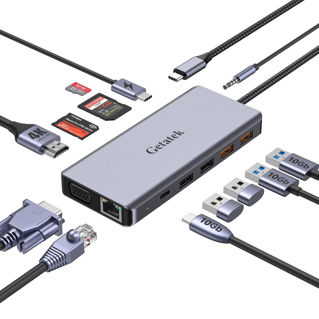 12-in-1 USB C Hub mit USB3.2 10Gbps Ports,USB-C10Gbps Port,USB2.0 Ports, 4K-HDMI, VGA,PD100W Chargin