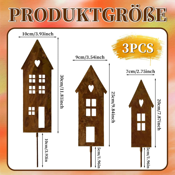 Gartenstecker Rost Häuser Deko 3er Set, Rost Deko für Garten und Blumentopf, Metall Haus Silhouette