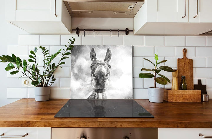 Lustiger Esel Kunst Herdabdeckplatte & Spritzschutz aus Echtglas | Für Herd-Kochfelder | 60x52 cm