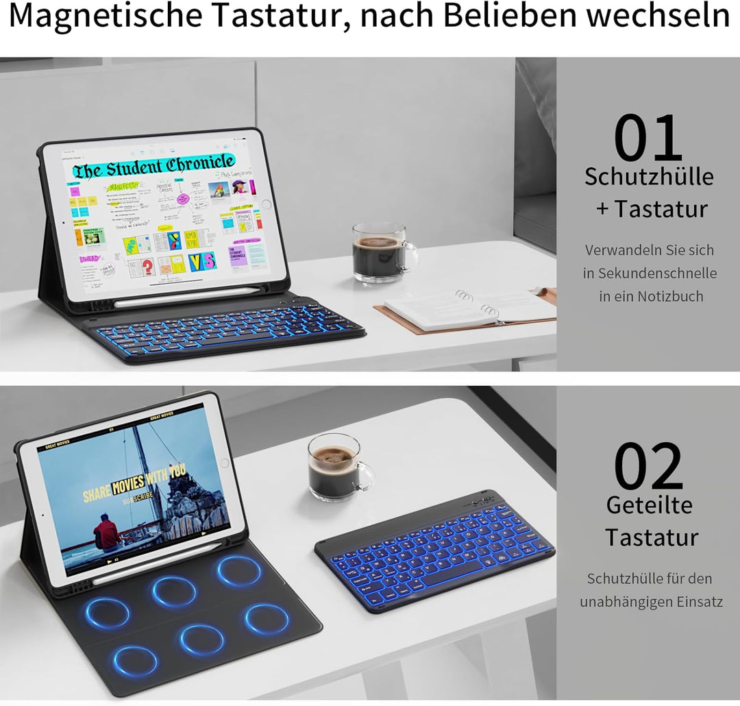 Tastatur Hülle für iPad 9. / 8. / 7. Generation 10,2 Zoll, 360° Schutz TPU Hülle mit Abnehmbarer Bel