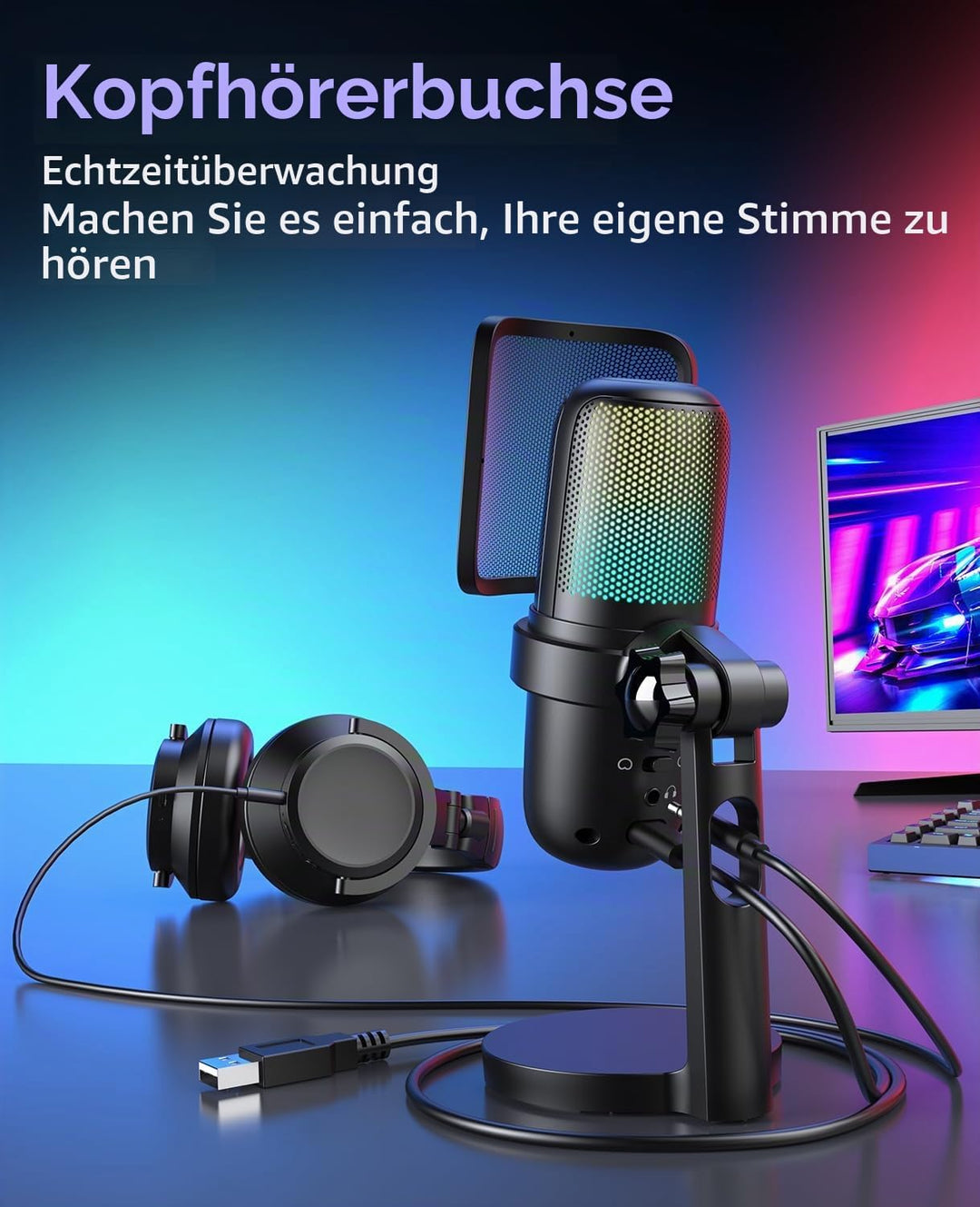 USB Gaming Mikrofon für PC, RGB Kondensator Mikrofon mit Adapter für Handy,Stumm/Gain, Anti-Plosive