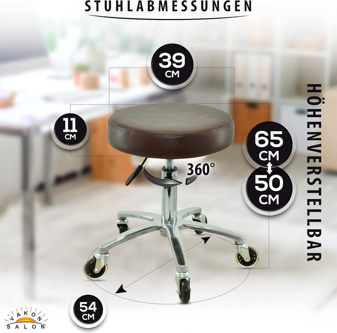 VAKON SALON - Premium Rollhocker braun höhenverstellbar von 50 bis 65 cm - Rundsitz- Drehhocker Arbe