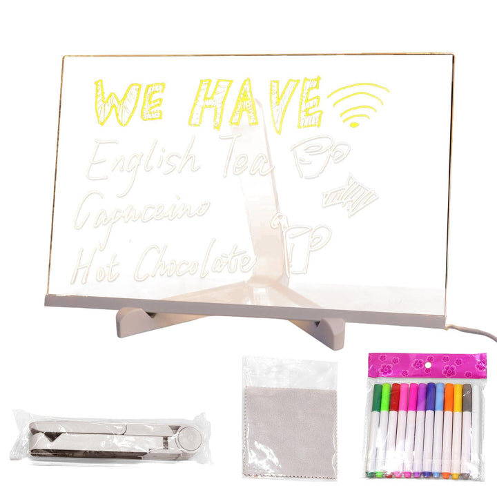 LED-Notiztafel mit 12 Farbstiften – durchsichtiges, leuchtendes Acryl-Zeichnungs- und Schreibtafel,