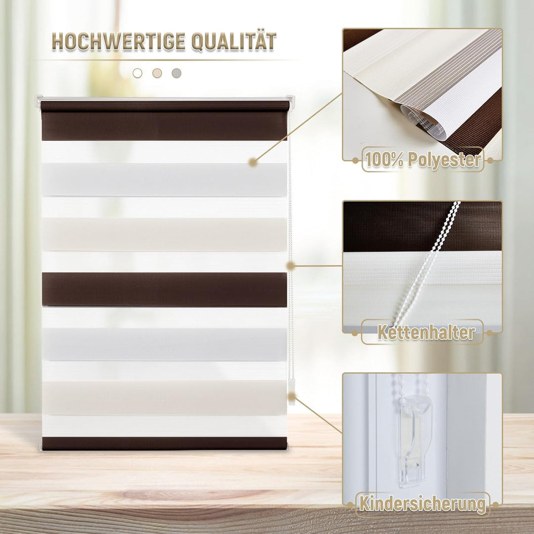 Deswell Doppelrollo Klemmfix ohne Bohren Weiss-Beige-Braun B90 x H140 cm (Stoffbreite 86cm) Rollos f