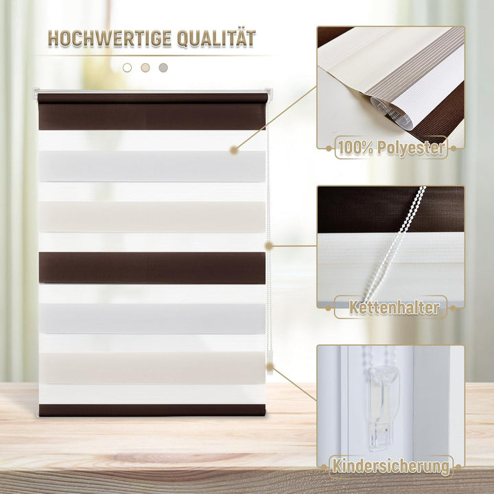 Deswell Doppelrollo Klemmfix ohne Bohren Weiss-Beige-Braun B90 x H140 cm (Stoffbreite 86cm) Rollos f