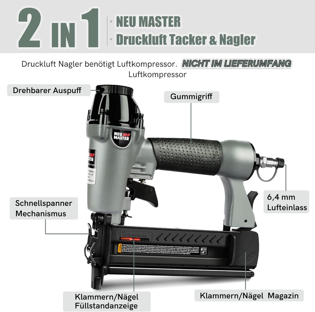 NEU MASTER Druckluftnagler, 2 in1 Drucklufttacker mit Transportkoffer inkl. 800 Nägel und 200 Klamme