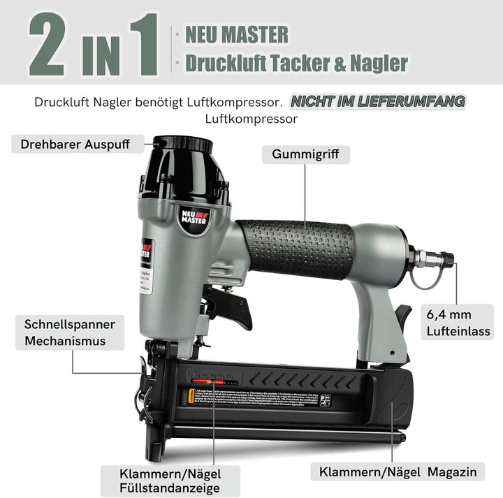 NEU MASTER Druckluftnagler, 2 in1 Drucklufttacker mit Transportkoffer inkl. 800 Nägel und 200 Klamme