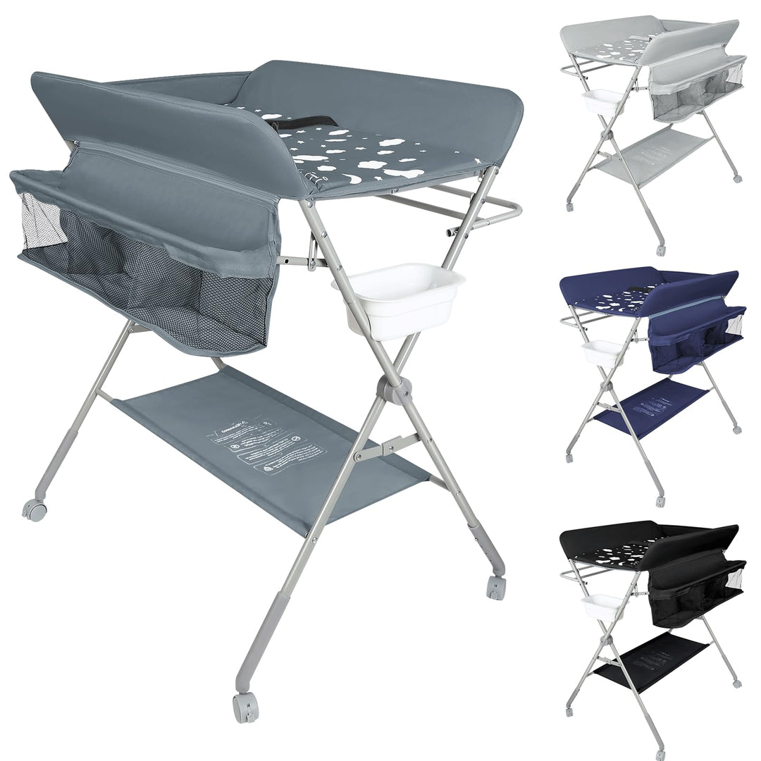OHMG Baby Wickelkombi Klappbare Wickelkommode,Wickeltisch mit Rollen,Mobiler Wickeltisch mit Wickela